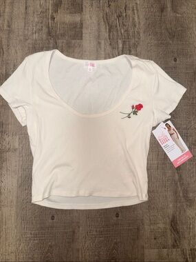 Cream Scoop-Neck Ribbed Crop Top with Rose Embroidery